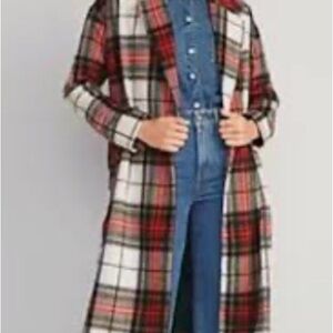 Old Navy Red and Black Plaid Trench Coat